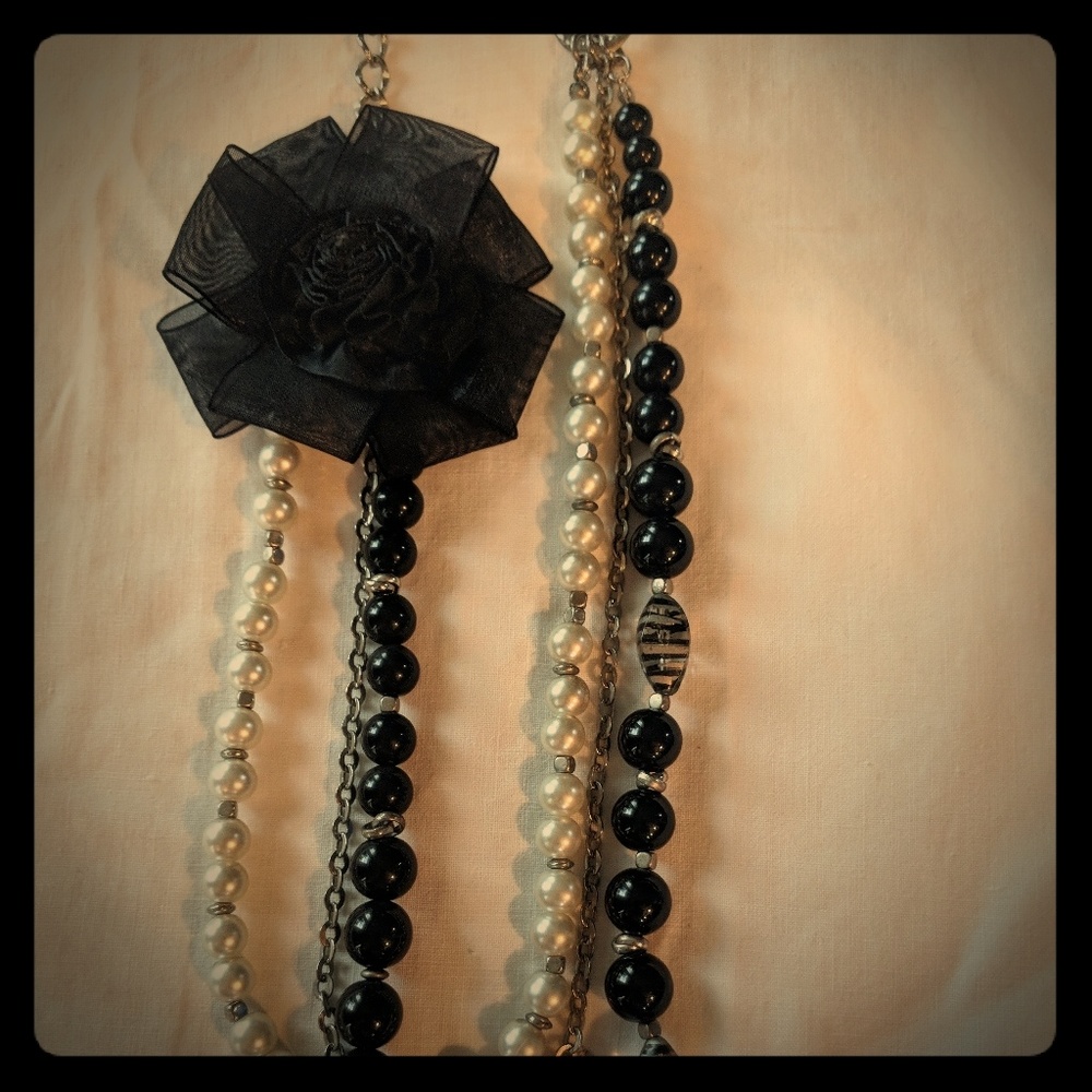 Long Fashion Black Fabric Flower & Bead Necklace